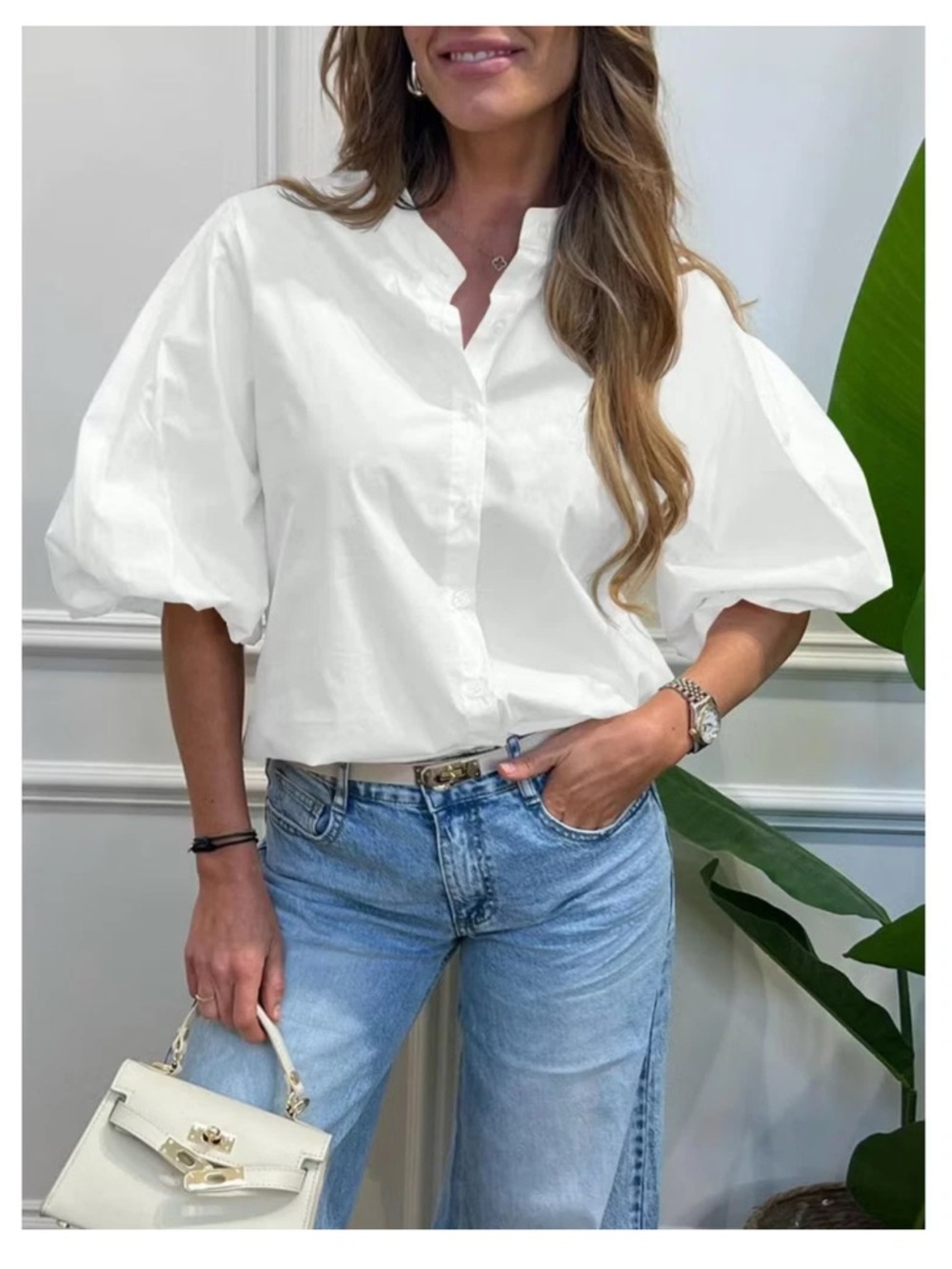 Imily Bela Womens Half Puff Sleeve Button Down Shirts Cotton Loose Fit S